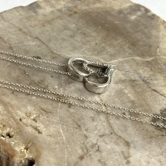 Sterling Silver 925 Diamond Open Heart Asymmetric Pendant Necklace 18" Chain - Picture 8 of 16